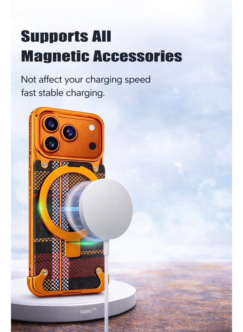 جراب مغناطيسي معدني لهاتف iPhone 17 Pro مع حامل - إطار معدني برتقالي فاخر مع ظهر محكم، غطاء نحيف مقاوم للصدمات، متوافق مع الشحن اللاسلكي ويدعم إشارة 5G بالكامل - Image 3